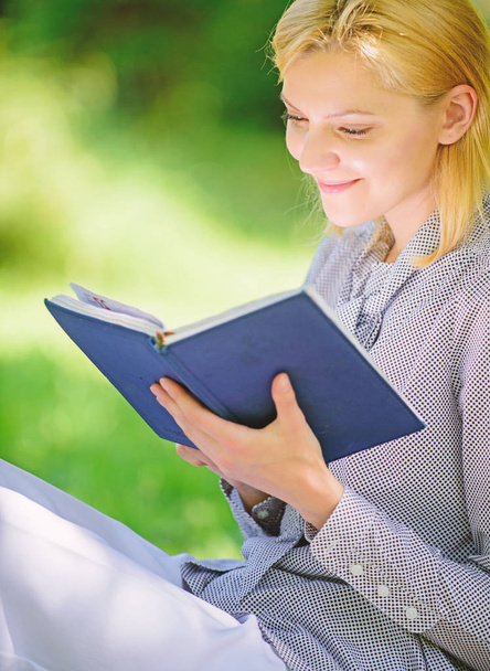 Female literature. Relax leisure an hobby concept. Best self help books for women. Books every girl should read. Girl concentrated sit park read book nature background. Reading inspiring books - Valokuva, kuva