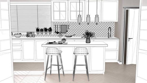 Σχέδιο έργου σχέδιο, σκίτσο του σκανδιναβική κουζίνα με το νησί και τους λαμπτήρες, ιδέα διακόσμησης μοντέρνο διαμέρισμα με παρκέ δάπεδο, μοντέρνα έπιπλα ιδέα - Φωτογραφία, εικόνα