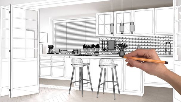 İnşaat taslak, konsept iç tasarım kroki, el çizim İskandinav mutfak planı kroki gerçek bir ev arka plan, mimar ve tasarımcı fikir altında tamamlanmamış proje - Fotoğraf, Görsel