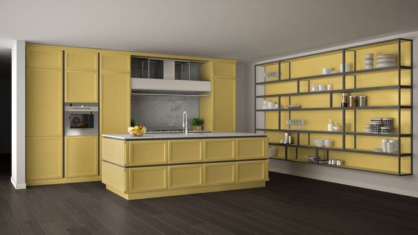 Classic yellow kitchen in modern open space with parquet floor and big shelving system with decors, island and accessories, minimalist contemporary interior design - Фото, изображение