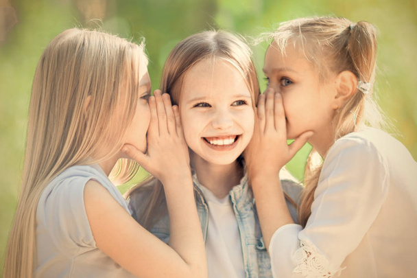 Three cheerful young girls are whispering for a walk in the park. - Photo, Image