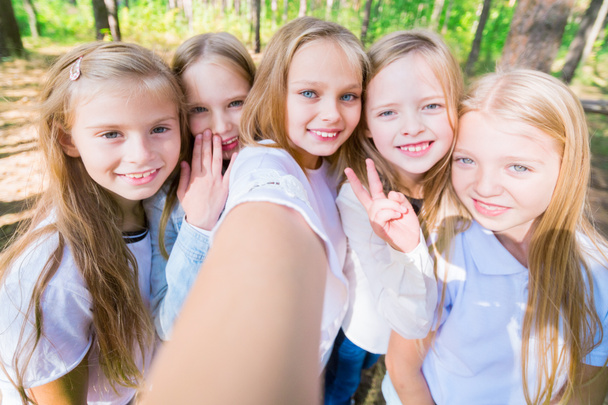 Skupina pěti dívky děti udělat selfie na pozadí stromů v lese v létě. Jasný slunečný den. Přítelkyně. - Fotografie, Obrázek