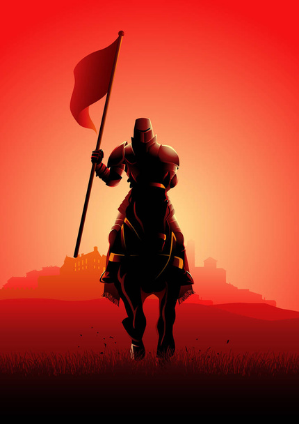Средневековый рыцарь на лошади с флагом
 - Вектор,изображение