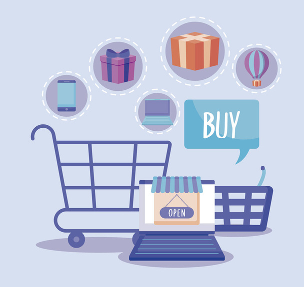 shopping cart with laptop and commercial icons - Vector, Image