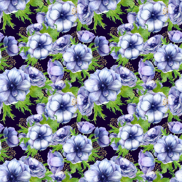 Seamless pattern with watercolor white purple anemone flowers. Spring floral design for wedding invitation - Foto, Bild