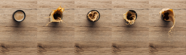collage of splashing coffee in cup on wooden table - Fotó, kép