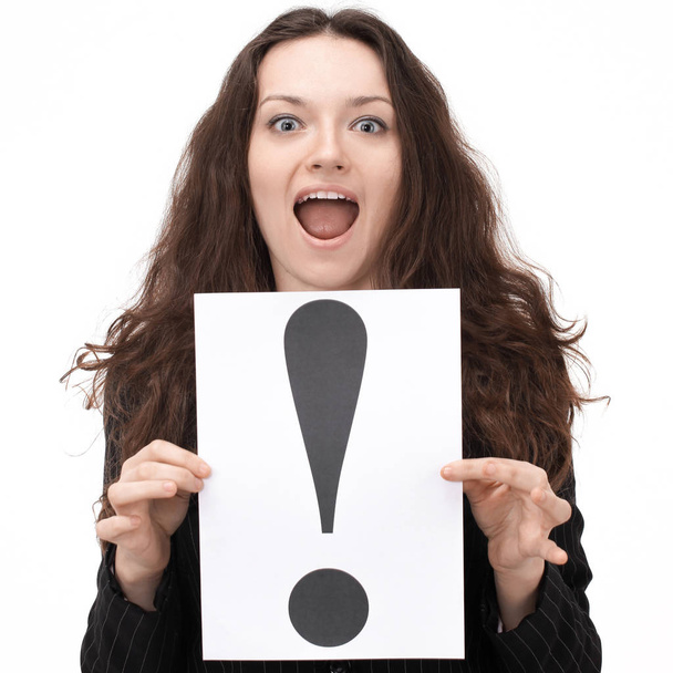 young business woman holding the exclamation mark - Photo, Image