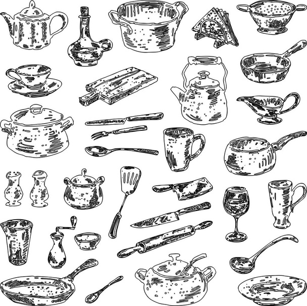 A set of various drawn kitchenware - Vektor, kép