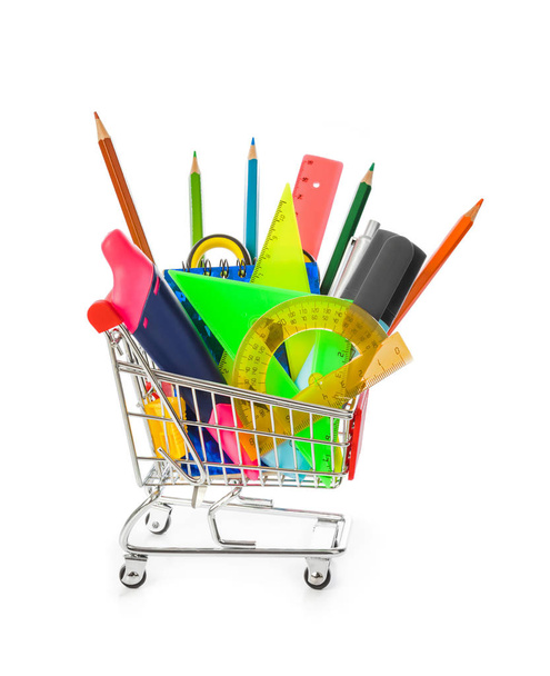 Stationery in shopping cart - Foto, afbeelding