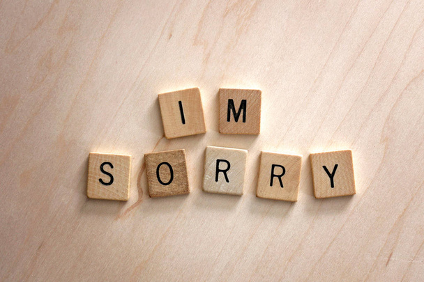Words I'm Sorry Spelled out in Wooden Letter Blocks on Wood Back - Photo, Image