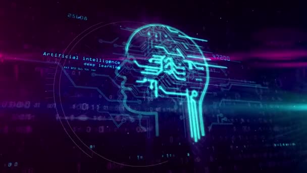 Kunstmatige intelligentie met cyber hoofd aanmelden digitale achtergrond. Cybernetische hersenen 3d abstracte animatie. - Video