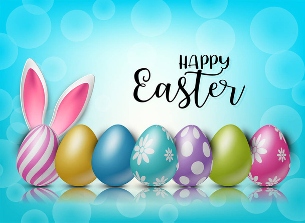 Happy Easter background with painted 3d realistic egg and bunny ears behind on blue backdrop with bokeh. Vector illustration. - ベクター画像
