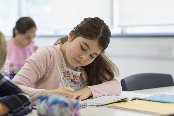 Konzentrierte Realschülerin macht Hausaufgaben im Klassenzimmer - Foto, Bild