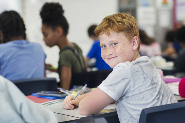 Portrét usměvavého, sebevědomého středoškolského studenta studujícího na stole ve třídě - Fotografie, Obrázek