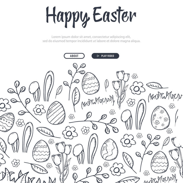 Happy Easter background with traditional sketches decorations. Easter greeting with colored eggs, rabbit. - Vektör, Görsel
