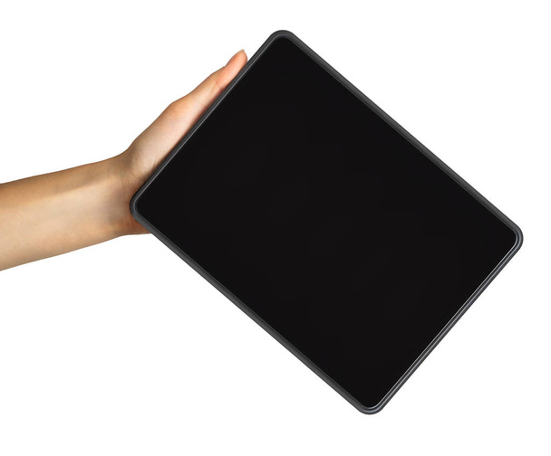 Womens hand showing black tablet, concept of taking photo or selfie - Photo, image