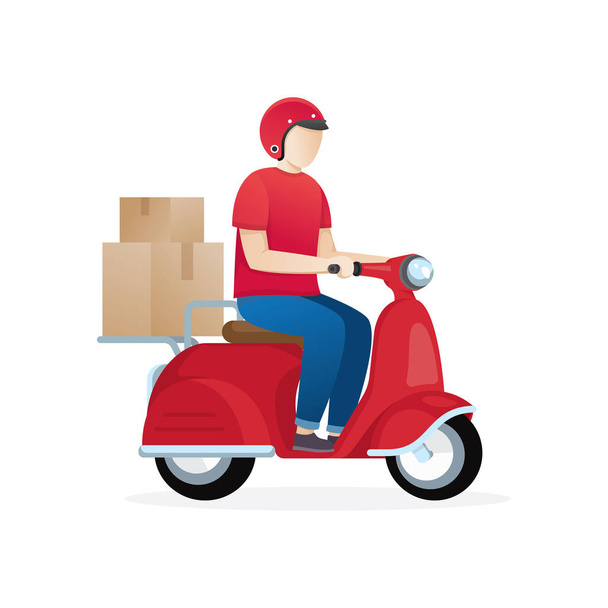 Serviço de entrega ilustração. entrega menino passeio moto scooter. Entrega rápida e gratuita por scooter. Ilustração de desenho animado vetorial. Transporte mundial, transporte rápido e gratuito
 - Vetor, Imagem