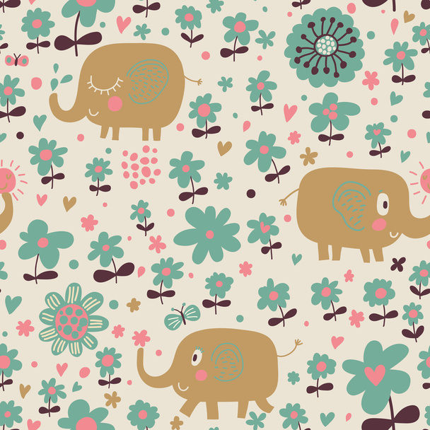 Funny elephants in flowers. Cute cartoon children's illustration - Wektor, obraz