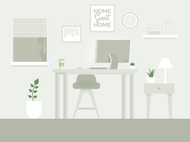 Návrh moderní domácí kancelář návrháře pracoviště. Kreativní kancelář pracovní prostor. Moderní grafická kancelář interiér pokoje nábytek, stůl, židle, počítač. Plochý vektorové ilustrace - vektor - Vektor, obrázek