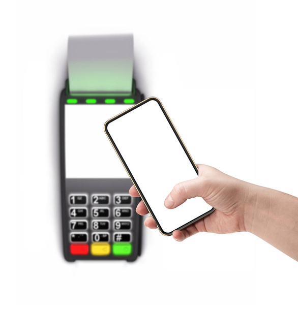 Платежный терминал и смартфон в руке изолированы на белом фоне
. - Фото, изображение
