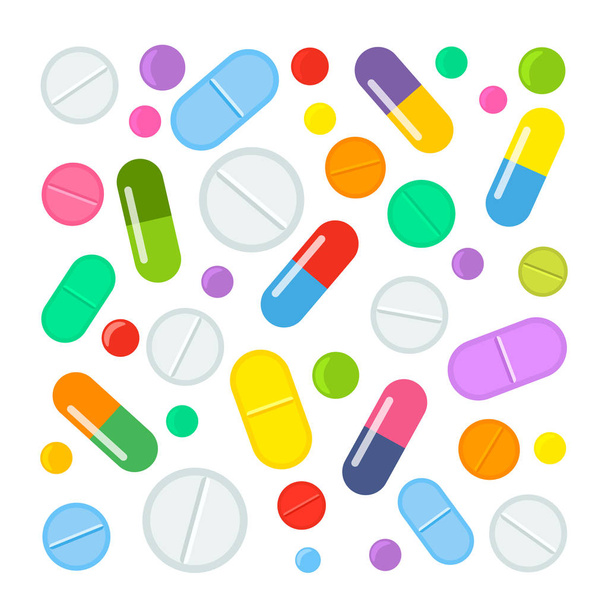 nagyszámú színes tabletták és gyógyszerek különböző orvosi kapszula. lapos vektoros illusztráció elszigetelt fehér background. - Vektor, kép