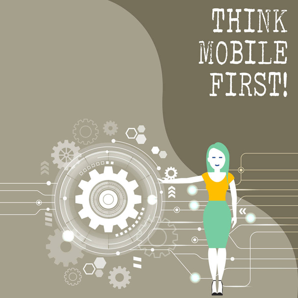 Escrita de mão conceitual mostrando Think Mobile First. Foto de negócios apresentando Handheld projeta alvo de marketing telefones portáteis primeiro
. - Foto, Imagem