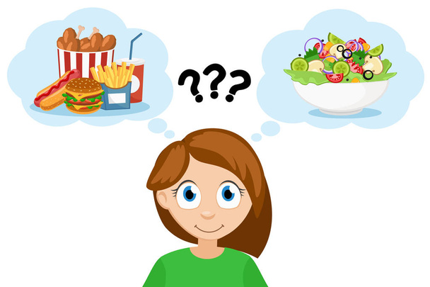 Young woman thinks that eat fast food or salad with vegetables. Healthy diet. - Vector, Image