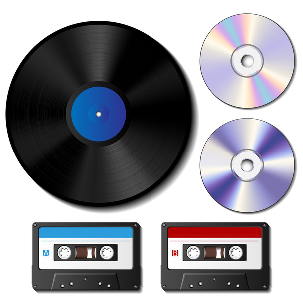 ビニール レコード、cd、カセット テープのセット - ベクター画像