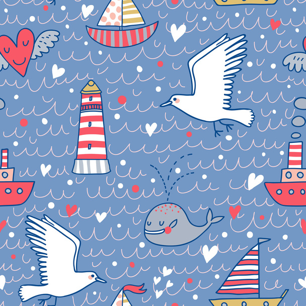 Marine concept seamless pattern. Whale, boat, ship, lighthouse, seagull in funny cartoon background in vector - Vektör, Görsel