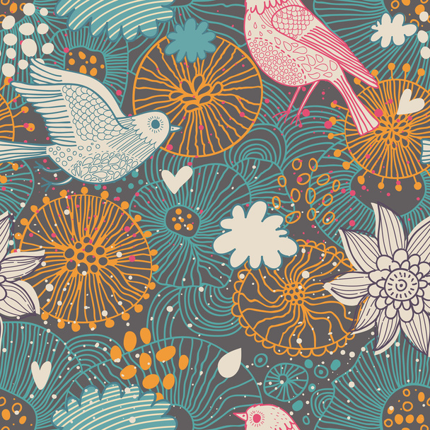 Stylish floral seamless pattern. Vintage birds in flowers. Seamless pattern can be used for wallpapers, pattern fills, web page backgrounds, surface textures. - Vektori, kuva