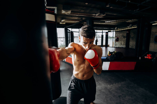 Sportsman in red boxing gloves with a naked torso hits punching bag in the gym on the background of  boxing ring - Fotoğraf, Görsel