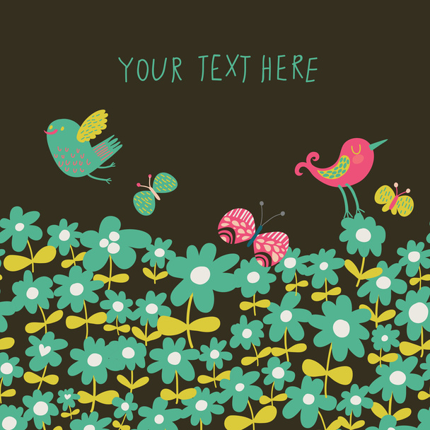 Bright spring background. Birds on floral meadow seamless pattern in vector - Vektor, kép