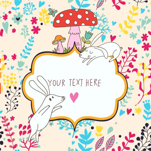 Cartoon vector background. Cute wallpaper with funny white rabbits, mushrooms and flowers. Romantic colorful card - Vektor, kép