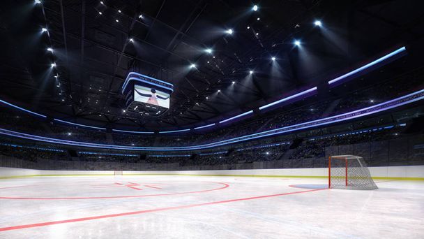 aréna de hockey sur glace vide à l'intérieur vue sur aire de jeux éclairée par des projecteurs
 - Photo, image