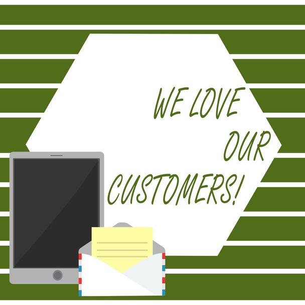 Escrevendo nota mostrando Nós amamos nossos clientes. Business photo showcasing Cliente merece um bom serviço de satisfação respeito
. - Foto, Imagem