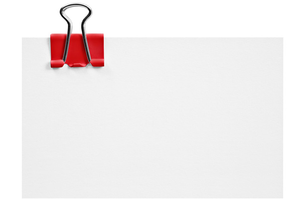 Blank white card with red clip on white background - Photo, Image