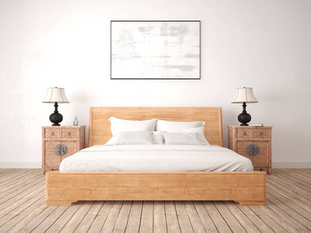 Макет світлої спальні зі зручним великим ліжком і яскравим стильним фоном
. - Фото, зображення