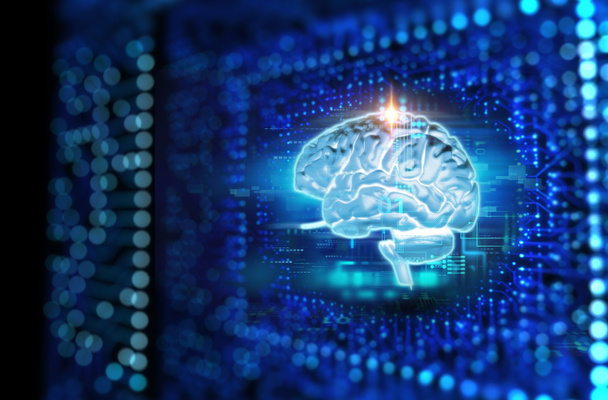 3D renderização do cérebro humano no fundo de tecnologia
  - Foto, Imagem