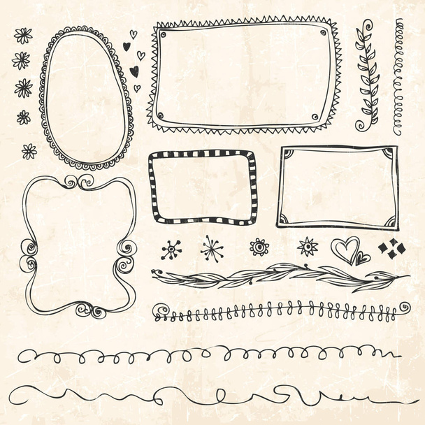 Hand drawn doodle line border frame elements set - Vektör, Görsel