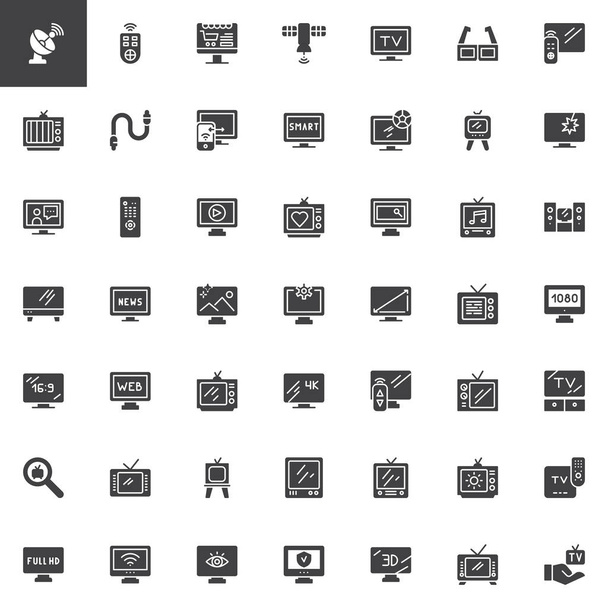Телевизионный набор векторных иконок, современная сплошная коллекция символов, заполненный набор пиктограмм. Знаки, иллюстрации логотипа. Набор включает в себя блюда, дистанционное управление, интернет-магазин, смарт-телевизор
 - Вектор,изображение