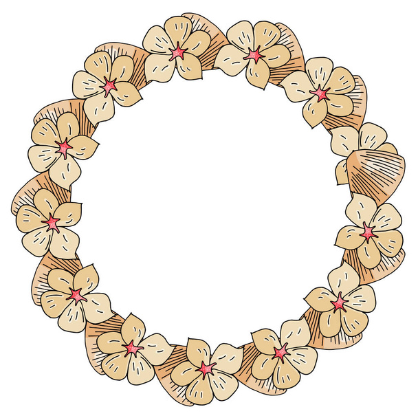Hand-drawn wreath of a plumeria flower and seashells on a white background - Vektori, kuva