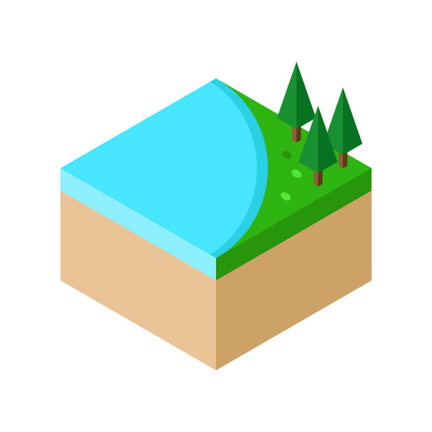 Isometric Piece of forest landscape with lake and trees vector illustration. concept. Flat style design. Colorful graphics - Vetor, Imagem