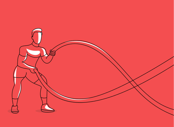 Сильный бодибилдер спортсмен с боевой веревкой делает упражнения
 - Вектор,изображение