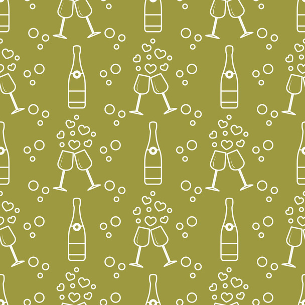 Seamless holiday pattern. Hearts, glasses, bottle - Vektor, obrázek