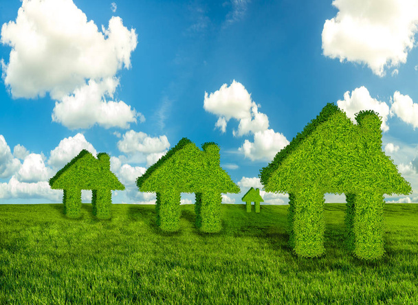 концепція зелених, екологічних будинків на зеленому лузі на фоні блакитного неба
 - Фото, зображення