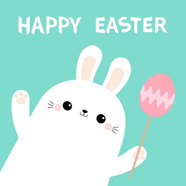 Bunny rabbit head face in the corner holding pink painting egg on stick. Waving paw print hand. Happy Easter. Cute cartoon kawaii funny baby character. Farm animal. Blue pastel background. Flat design - Vector, imagen