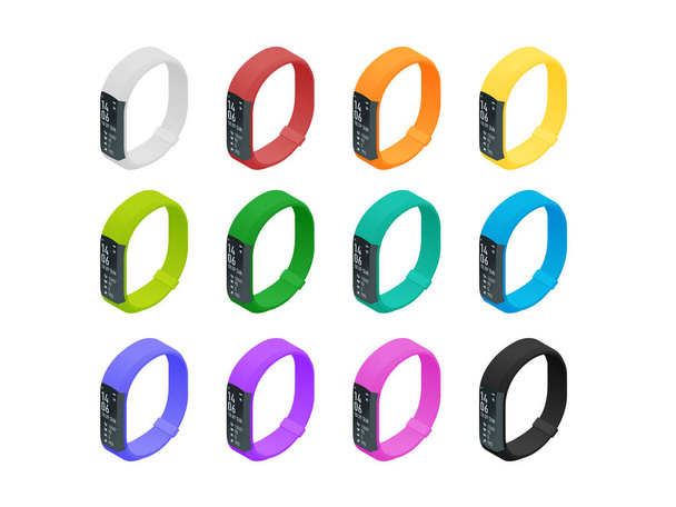 Isometric fitness bracelet or tracker with a smartphone isolated on white. Sports accessories, a wristband with running activity steps counter and heartbeat pulse meter. - Διάνυσμα, εικόνα