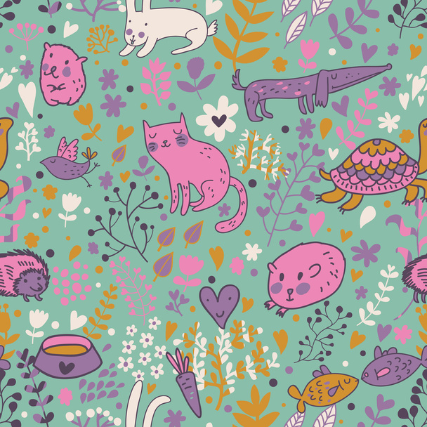 Funny animals in flowers. Cartoon seamless pattern for childish designs. Hamster, cat, dog, turtle. Seamless pattern can be used for wallpaper, pattern fills, web page background, surface textures. - Διάνυσμα, εικόνα