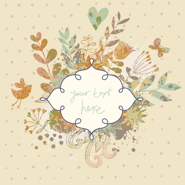 Vintage card in vector made of flowers and butterflies. Retro floral composition with a textbox. Stylish background in ocher colors - Вектор,изображение