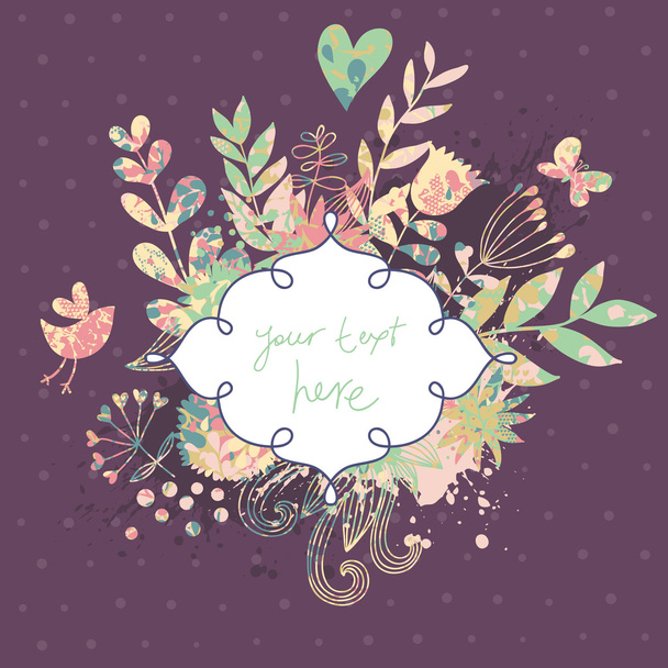 Vintage card in vector made of flowers and butterflies. Retro floral composition with a textbox. - Vector, Image